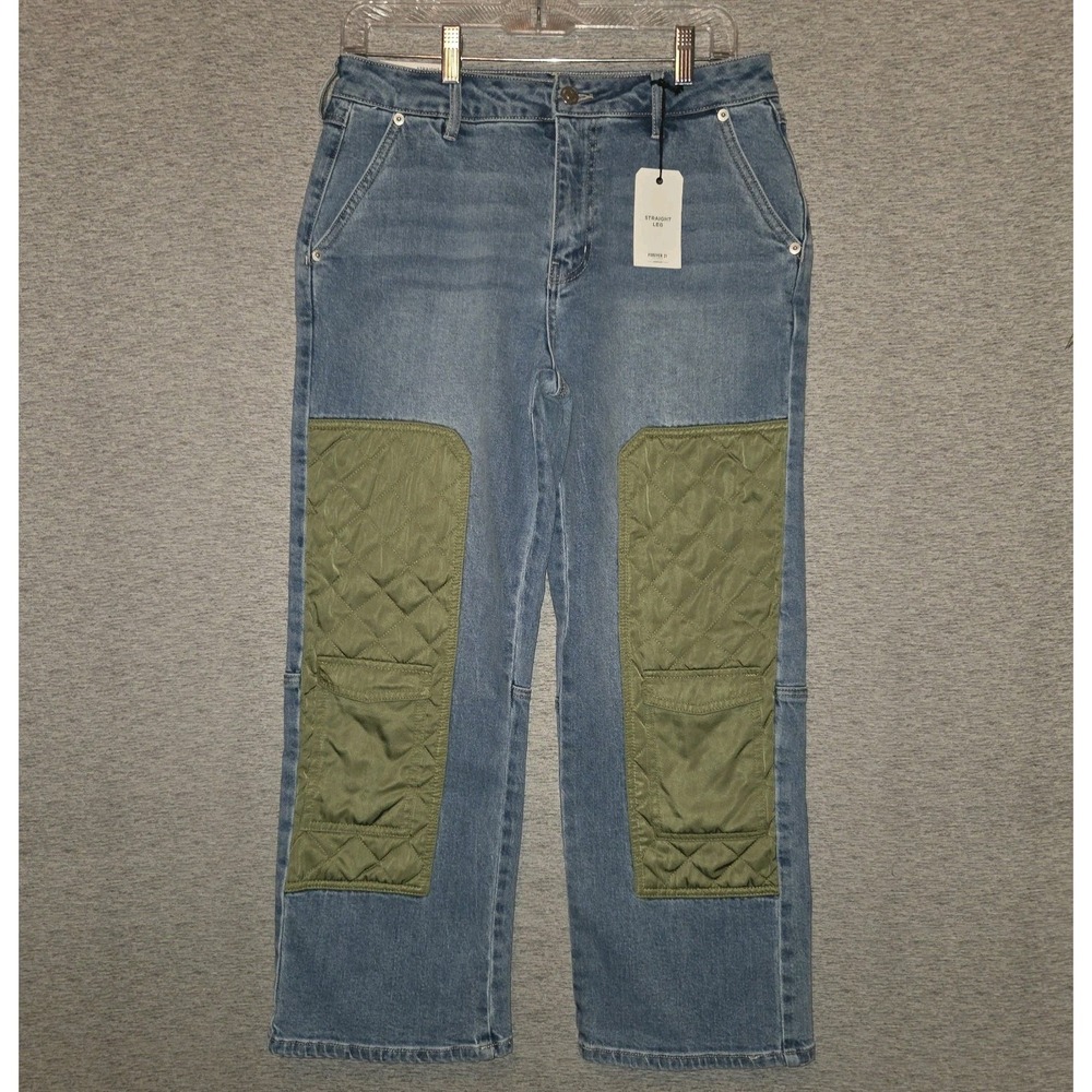 Express‎ Quilted Patch Straight Jeans Size 28 Medium Wash Blue Denim 31x26 NWT